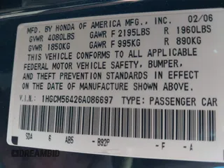 2006 Honda Accord LX with VIN 1HGCM56426A086697, listed as a IAAI auction lot 42389083 with 183,047 mi miles and . Bid and sale history available at DreamBid. Image 9.