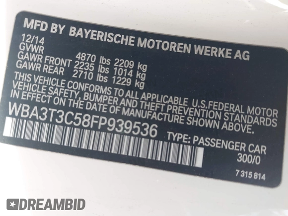 2015 BMW 4 Series 435i с VIN WBA3T3C58FP939536, выставлен на аукционе IAAI как лот 41849369 с пробегом 97 924 миль миль и . История ставок и продаж доступна на DreamBid. Изображение 9.