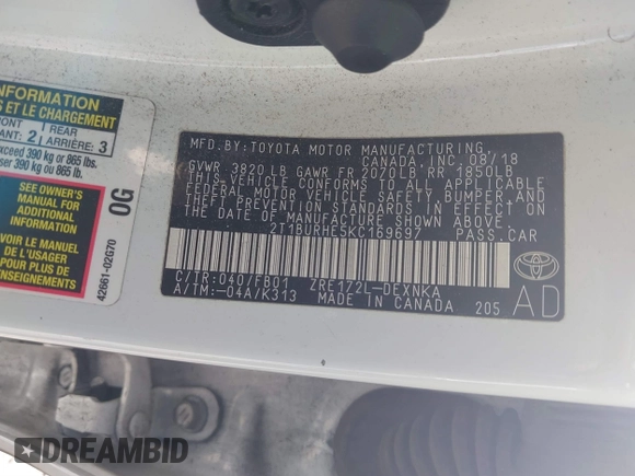 2019 Toyota Corolla L z VIN 2T1BURHE5KC169697, wystawiony jako IAAI lot #41856452 z przebiegiem 147 406 mil mil oraz . Historia ofert i sprzedaży dostępna na DreamBid. Obrazek 9.