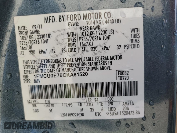 2012 Ford Escape Limited with VIN 1FMCU0E76CKA81520, listed as a Copart auction lot 89188045 with 197,883 mi miles and Salvage Title. Bid and sale history available at DreamBid. Image 14.