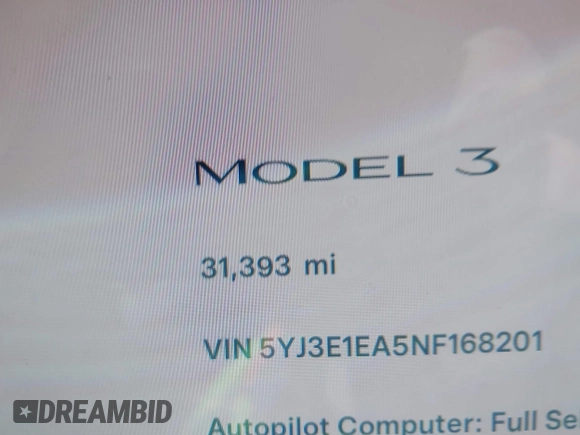 2022 Tesla Model 3 with VIN 5YJ3E1EA5NF168201, listed as a IAAI auction lot 41855273 with 31,393 mi miles and . Bid and sale history available at DreamBid. Image 15.