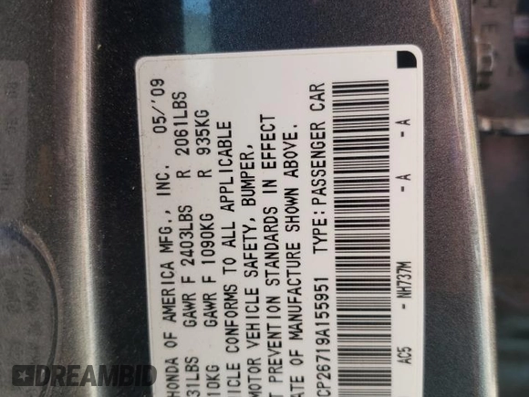 2009 Honda Accord EX z VIN 1HGCP26719A155951, wystawiony jako Copart lot #58778095 z przebiegiem 194 801 mil mil oraz Szkoda całkowita • Salvage title. Historia ofert i sprzedaży dostępna na DreamBid. Obrazek 12.