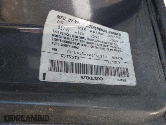 1998 Volvo S70 with VIN YV1LS5549W2431220, listed as a IAAI auction lot 42018741 with 1 mi miles. Bid and sale history available at carsss.com. Image 9.
