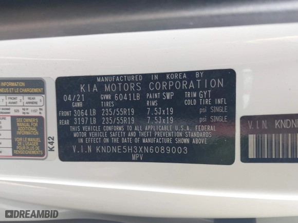 2022 Kia Carnival SX with VIN KNDNE5H3XN6089003, listed as a IAAI auction lot 41372094 with 89,291 mi miles. Bid and sale history available at carsss.com. Image 9.