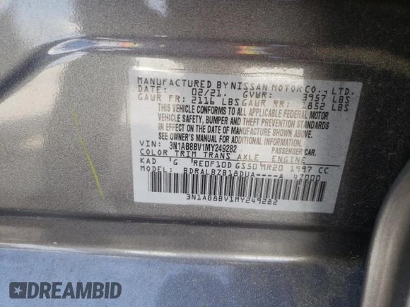 2021 Nissan Sentra S with VIN 3N1AB8BV1MY249282, listed as a Copart auction lot 52685155 with 28,405 mi miles and Non Repairable. Bid and sale history available at DreamBid. Image 13.