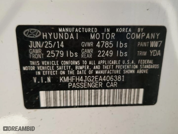 2014 Hyundai Azera Limited with VIN KMHFH4JG2EA406381, listed as a Copart auction lot 69986054 with 75,307 mi miles and Salvage Title. Bid and sale history available at carsss.com. Image 12.