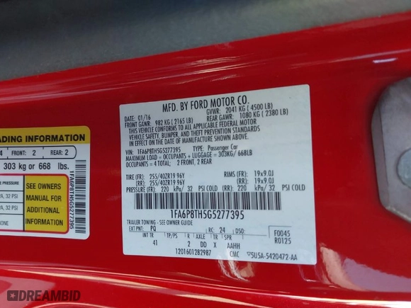2016 Ford Mustang EcoBoost with VIN 1FA6P8TH5G5277395, listed as a IAAI auction lot 41784820 with 98,765 mi miles. Bid and sale history available at carsss.com. Image 9.
