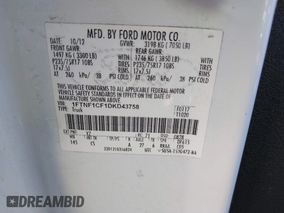 2013 Ford F-150 XL with VIN 1FTNF1CF1DKD43758, listed as a IAAI auction lot 41303698 with 155,646 mi miles. Bid and sale history available at carsss.com. Image 9.