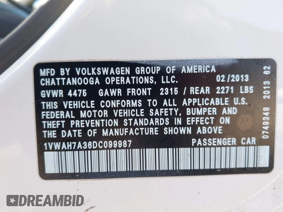 2013 Volkswagen Passat Wolfsburg Edition with VIN 1VWAH7A36DC099987, listed as a IAAI auction lot 42222485 with 106,318 mi miles and . Bid and sale history available at DreamBid. Image 9.