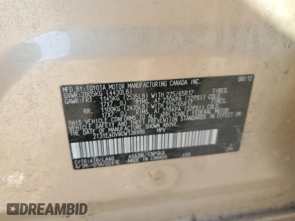2012 Toyota RAV4 Limited with VIN 2T3YF4DV8CW138996, listed as a Copart auction lot 43215615 with 0 mi miles and Salvage Title. Bid and sale history available at carsss.com. Image 16.