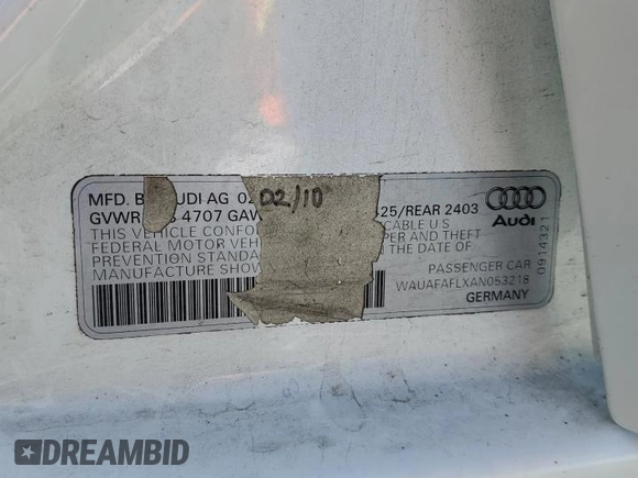 2010 Audi A4 2.0T Premium with VIN WAUAFAFLXAN053218, listed as a Copart auction lot 51834835 with 166,238 mi miles and Clean Title. Bid and sale history available at carsss.com. Image 12.
