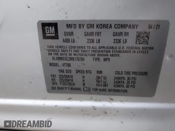 2021 Buick Encore GX Essence with VIN KL4MMGSL2MB176784, listed as a IAAI auction lot 41238164 with 109,547 mi miles and . Bid and sale history available at DreamBid. Image 9.