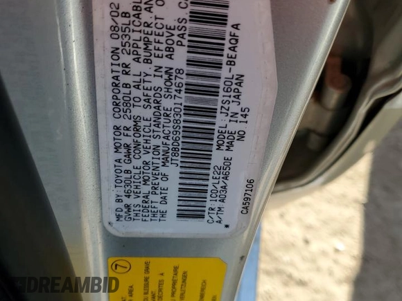 2003 Lexus GS 300 z VIN JT8BD69S830174678, wystawiony jako Copart lot #48125505 z przebiegiem Nie podano mil oraz Szkoda całkowita • Salvage title. Historia ofert i sprzedaży dostępna na DreamBid. Obrazek 12.