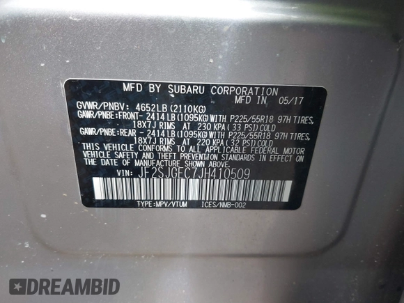 2018 Subaru Forester Premium with VIN JF2SJGEC7JH410509, listed as a IAAI auction lot 41803775 with 137,057 mi miles. Bid and sale history available at carsss.com. Image 9.