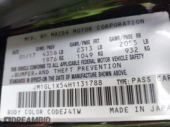 2017 Mazda 6 Grand Touring with VIN JM1GL1X54H1131788, listed as a IAAI auction lot 41640785 with 181,561 mi miles. Bid and sale history available at carsss.com. Image 9.