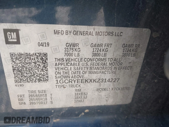 2019 Chevrolet Silverado 1500 RST with VIN 1GCRYEEKXKZ314227, listed as a IAAI auction lot 41505542 with 156,307 mi miles and . Bid and sale history available at DreamBid. Image 9.
