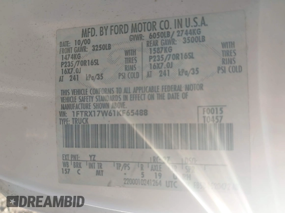 2001 Ford F-150 XL с VIN 1FTRX17W61KF65488, выставлен на аукционе IAAI как лот 40807535 с пробегом 298 274 миль миль и . История ставок и продаж доступна на DreamBid. Изображение 9.