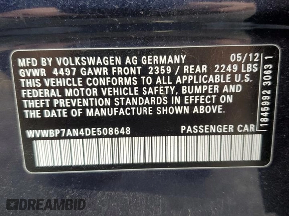 2013 Volkswagen CC Sport with VIN WVWBP7AN4DE508648, listed as a Copart auction lot 85769284 with 88,300 mi miles and Salvage Title. Bid and sale history available at carsss.com. Image 12.