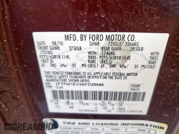 2010 Ford F-150 XL with VIN 1FTFW1EV2AFD29946, listed as a Copart auction lot 62202915 with 207,380 mi miles and Salvage title. Bid and sale history available at DreamBid. Image 12.