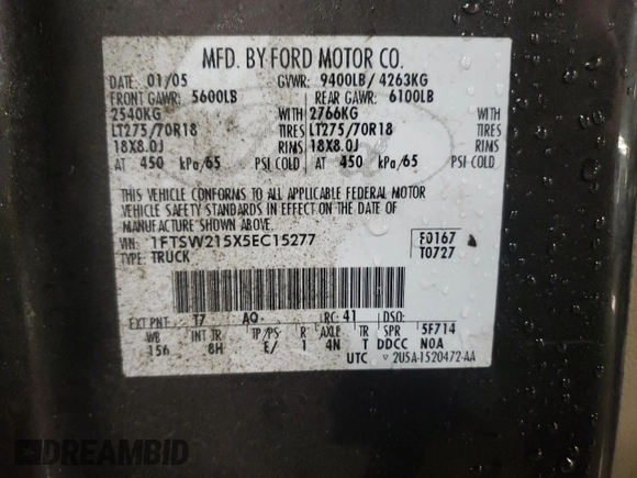 2005 Ford F-250 XL with VIN 1FTSW215X5EC15277, listed as a Copart auction lot 46355635 with 177,231 mi miles and Salvage title. Bid and sale history available at DreamBid. Image 12.