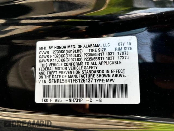 2015 Honda Odyssey EX z VIN 5FNRL5H41FB126137, wystawiony jako Copart lot #61684655 z przebiegiem 54 551 mil mil oraz Czysty tytuł • Clean title. Historia ofert i sprzedaży dostępna na DreamBid. Obrazek 10.