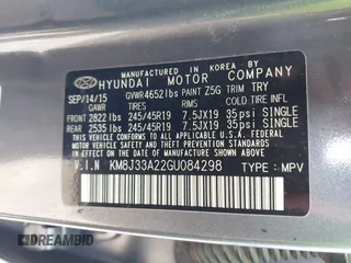 2016 Hyundai Tucson Limited with VIN KM8J33A22GU084298, listed as a IAAI auction lot 41718400 with Not Provided miles. Bid and sale history available at carsss.com. Image 9.