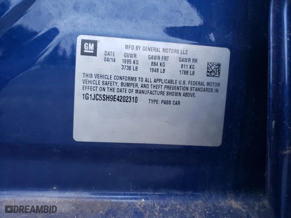 2014 Chevrolet Sonic LT with VIN 1G1JC5SH9E4202310, listed as a Copart auction lot 46159965 with 105,487 mi miles and Clean Title. Bid and sale history available at carsss.com. Image 12.