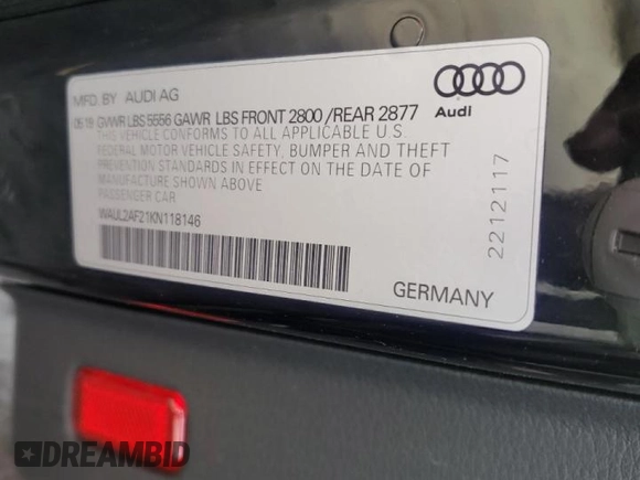 2019 Audi A6 Premium Plus with VIN WAUL2AF21KN118146, listed as a Copart auction lot 36682803 with 44,765 mi miles. Bid and sale history available at carsss.com. Image 12.