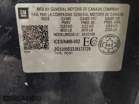 2018 Chevrolet Impala LT with VIN 2G1105S33J9172726, listed as a Copart auction lot 43026725 with 112,900 mi miles and Salvage Title. Bid and sale history available at DreamBid. Image 12.
