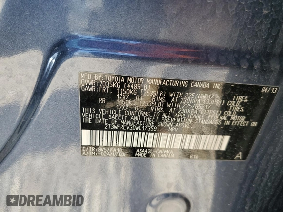 2013 Toyota RAV4 XLE z VIN 2T3WFREV3DW017359, wystawiony jako Copart lot #64059715 z przebiegiem 67 222 mil mil oraz Szkoda całkowita • Salvage title. Historia ofert i sprzedaży dostępna na DreamBid. Obrazek 12.