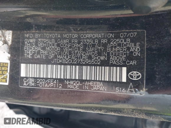 2007 Toyota Prius with VIN JTDKB20U273295502, listed as a IAAI auction lot 41361511 with 200,378 mi miles. Bid and sale history available at carsss.com. Image 9.