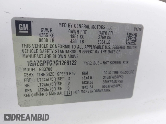 2016 Chevrolet Express Passenger LT with VIN 1GAZGPFG7G1268122, listed as a IAAI auction lot 42306158 with 252,049 mi miles and . Bid and sale history available at DreamBid. Image 9.