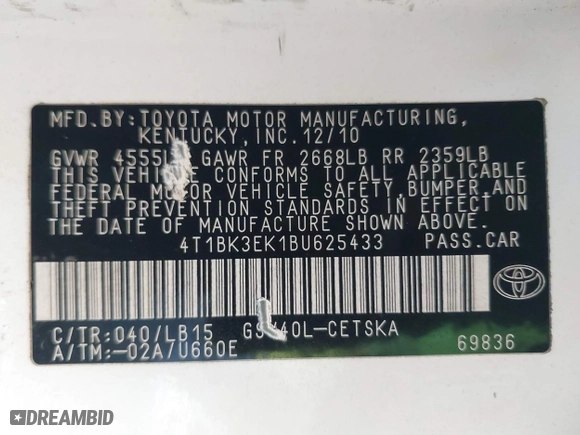 2011 Toyota Camry LE with VIN 4T1BK3EK1BU625433, listed as a IAAI auction lot 41610628 with 216,926 mi miles. Bid and sale history available at carsss.com. Image 9.