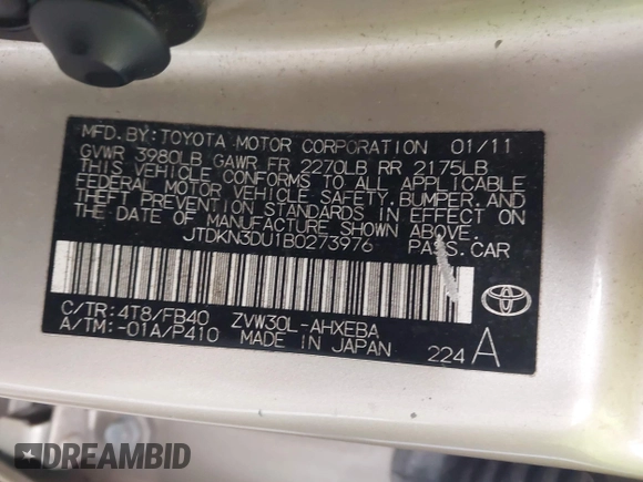 2011 Toyota Prius I with VIN JTDKN3DU1B0273976, listed as a IAAI auction lot 42193077 with 348,080 mi miles and . Bid and sale history available at DreamBid. Image 9.