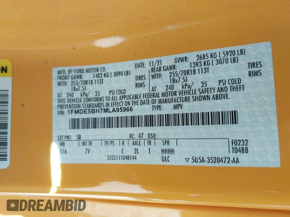 2021 Ford Bronco with VIN 1FMDE5BH7MLA95966, listed as a IAAI auction lot 39078717 with 44,858 mi miles and . Bid and sale history available at DreamBid. Image 9.