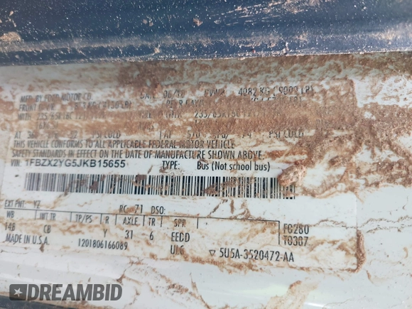 2018 Ford Transit Passenger XL с VIN 1FBZX2YG5JKB15655, выставлен на аукционе IAAI как лот 41227727 с пробегом 107 291 миль миль и . История ставок и продаж доступна на DreamBid. Изображение 9.