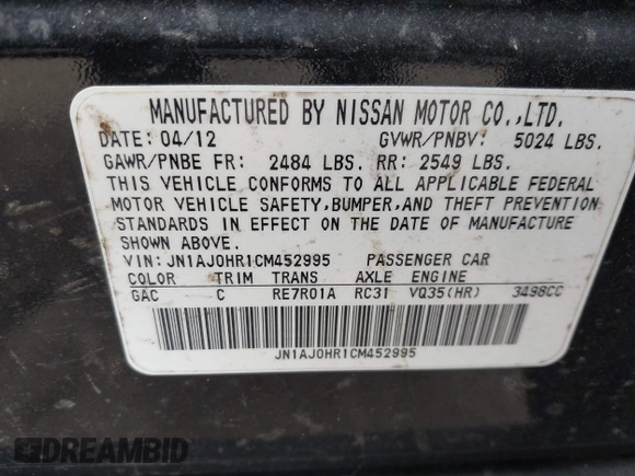 2012 Infiniti EX Journey with VIN JN1AJ0HR1CM452995, listed as a IAAI auction lot 40961079 with 206,124 mi miles. Bid and sale history available at carsss.com. Image 9.