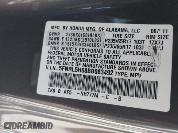 2011 Honda Odyssey EX-L with VIN 5FNRL5H68BB083492, listed as a IAAI auction lot 42087699 with 155,141 mi miles and . Bid and sale history available at carsss.com. Image 9.