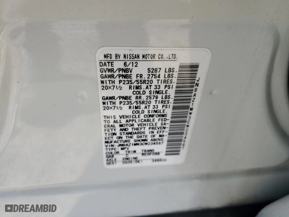 2012 Nissan Murano LE with VIN JN8AZ1MW3CW234587, listed as a Copart auction lot 86811454 with 71,120 mi miles and Salvage Title. Bid and sale history available at carsss.com. Image 13.