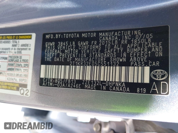 2005 Toyota Matrix STD with VIN 2T1KR32E05C551132, listed as a IAAI auction lot 42250703 with 181,027 mi miles and . Bid and sale history available at DreamBid. Image 9.