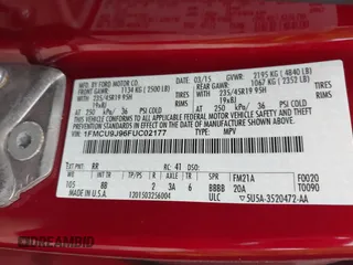 2015 Ford Escape Titanium with VIN 1FMCU9J96FUC02177, listed as a IAAI auction lot 42312928 with 100,716 mi miles and . Bid and sale history available at DreamBid. Image 9.