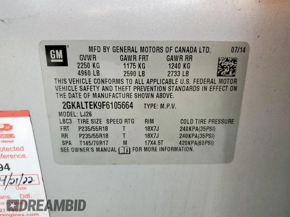 2015 GMC Terrain SLT с VIN 2GKALTEK9F6105664, выставлен на аукционе Copart как лот 52915395 с пробегом 137 219 миль миль и Списание • Salvage title. История ставок и продаж доступна на DreamBid. Изображение 13.