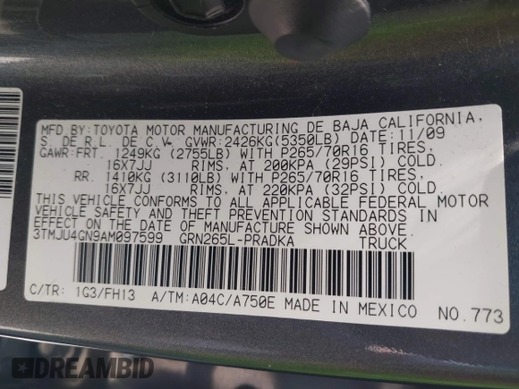 2010 Toyota Tacoma PreRunner with VIN 3TMJU4GN9AM097599, listed as a IAAI auction lot 42153344 with 213,063 mi miles and . Bid and sale history available at DreamBid. Image 9.