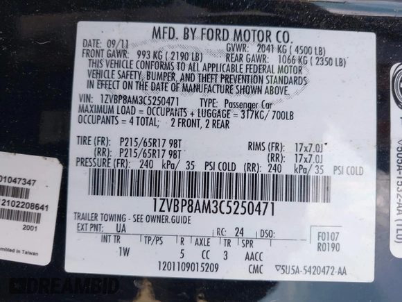 2012 Ford Mustang Premium with VIN 1ZVBP8AM3C5250471, listed as a IAAI auction lot 41878903 with 89,715 mi miles and . Bid and sale history available at DreamBid. Image 9.