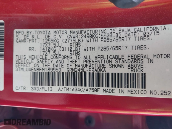 2015 Toyota Tacoma with VIN 3TMLU4EN8FM189953, listed as a IAAI auction lot 41584110 with 126,833 mi miles and . Bid and sale history available at DreamBid. Image 9.