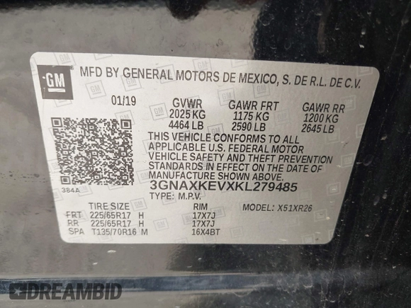 2019 Chevrolet Equinox LT with VIN 3GNAXKEVXKL279485, listed as a IAAI auction lot 41924145 with 90,102 mi miles and . Bid and sale history available at DreamBid. Image 9.