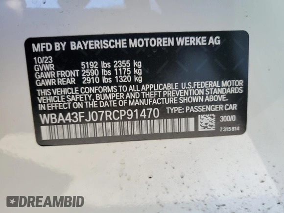 2024 BMW 5 Series 530i with VIN WBA43FJ07RCP91470, listed as a Copart auction lot 46079525 with 0 mi miles and Salvage Title. Bid and sale history available at carsss.com. Image 12.