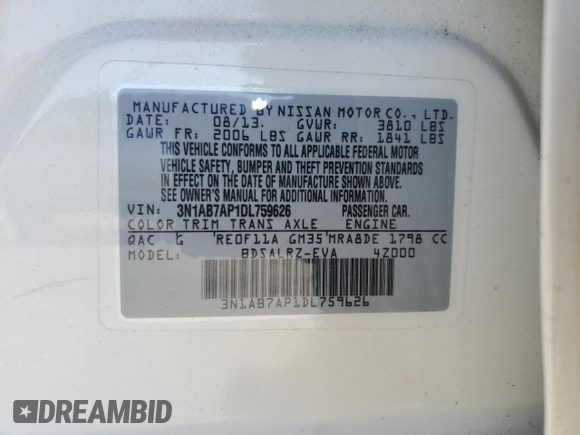 2013 Nissan Sentra FE+ S with VIN 3N1AB7AP1DL759626, listed as a Copart auction lot 49799785 with Not Provided miles and Salvage Title. Bid and sale history available at DreamBid. Image 12.