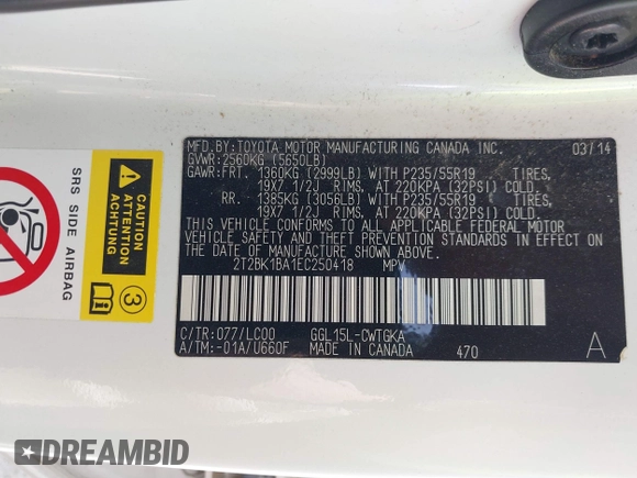 2014 Lexus RX 350 with VIN 2T2BK1BA1EC250418, listed as a IAAI auction lot 42343669 with 175,202 mi miles and . Bid and sale history available at DreamBid. Image 9.