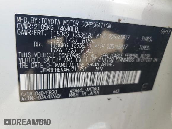 2017 Toyota RAV4 LE with VIN JTMBFREVXHJ711761, listed as a Copart auction lot 55808675 with Not provided miles and Salvage title. Bid and sale history available at DreamBid. Image 14.